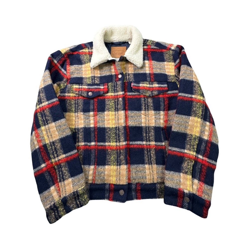 Levi Premium Trucker Jacket Women L Blue Sherpa Lined Plaid